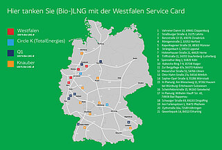 Westfalen Bio-LNG-Tankstellen und LNG-Verbundnetz: Hier tanken Sie (Bio-)LNG mit der Westfalen Service Card.