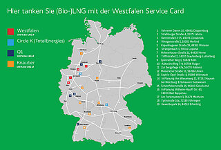 Westfalen Bio-LNG-Tankstellen und LNG-Verbundnetz: Hier tanken Sie (Bio-)LNG mit der Westfalen Service Card.