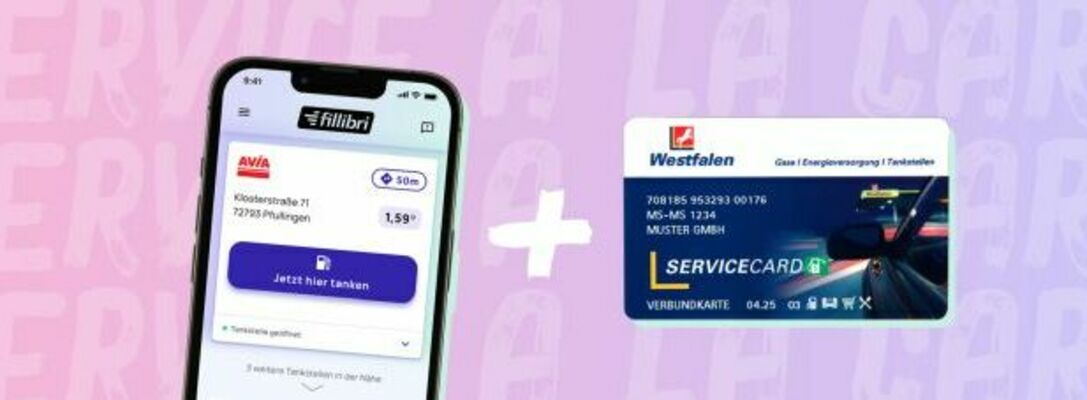 Mit der Westfalen Service Card und der fillibri-App an Westfalen Tankstellen und Markant Stationen sowie an zahlreichen AVIA Tankstellen mobil bezahlen