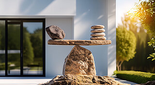 Stein-Balance vor Einfamilienhaus, Steinwaage