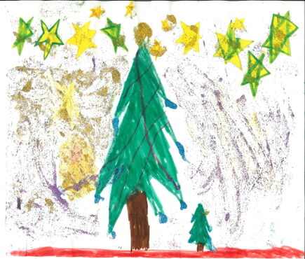Weihnachtsgruß 2020 mit Weihnachtsbaum und funkelnden Sternen. 