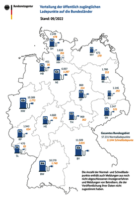 Deutschlandkarte mit eingezeichneter Anzahl an Ladepunkten