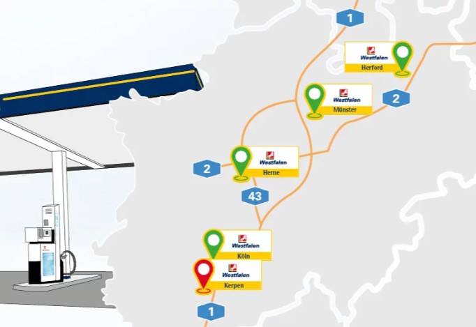 Westfalen LNG-Tankstellen Standorte in Köln, Herne, Münster und Herford